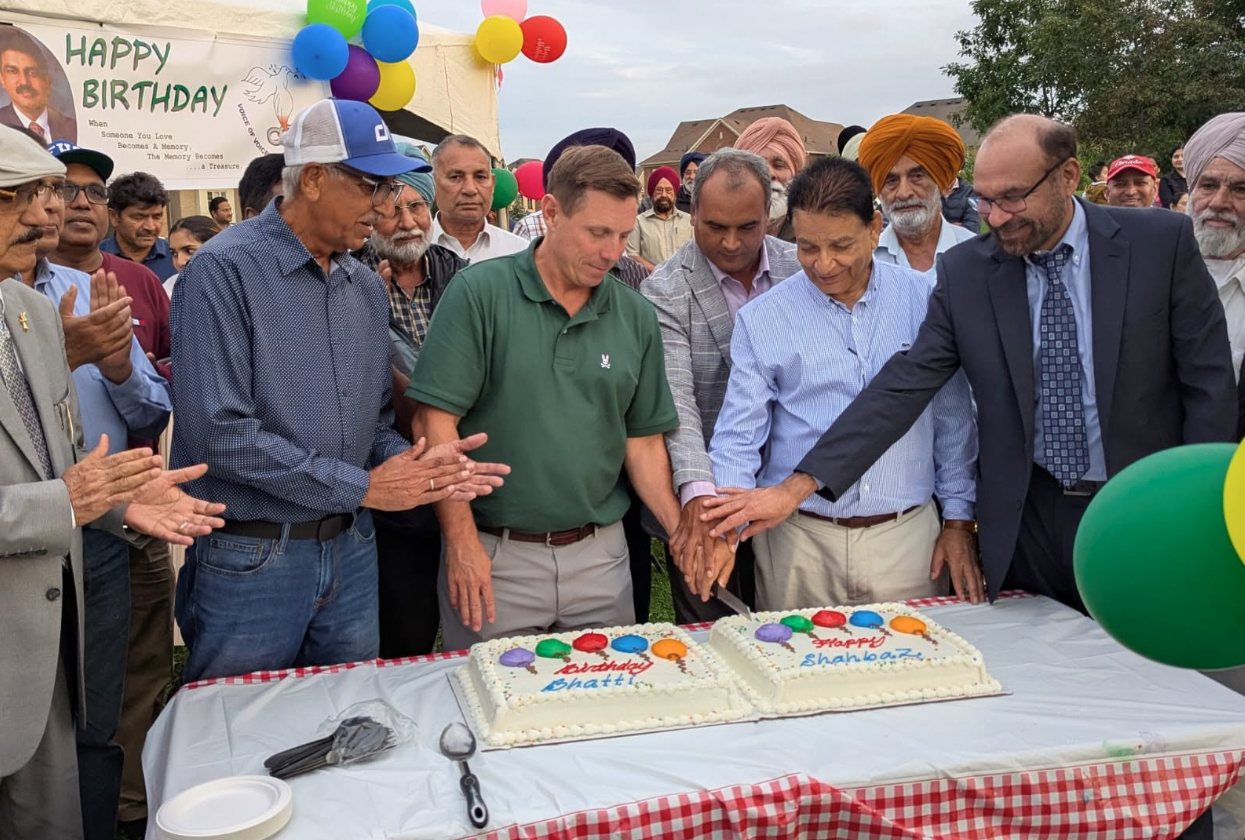 Community members cut the Happy Birthday Shahbaz Bhatti cakes at Shahbaz Bhatti Park in Brampton, September 9, 2026.