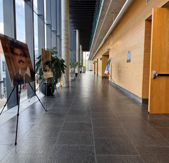 The Brampton City Hall atrium with the Shahbaz Bhatti photo exhibit on display.