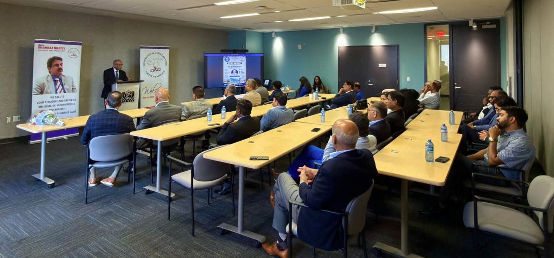 The meeting room at Brampton City Hall during the International Christian Voice gathering.
